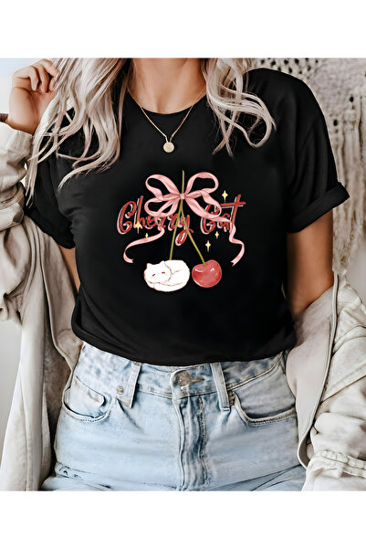 ASELİNDA Unisex Men/Women Cherry Cat Custom Printed Cotton Crew Neck T-Shirt ...