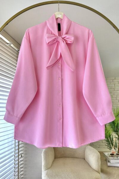 HİFADEN Women's Oversized Hijab Shirt with Lace-Up Collar and Bow