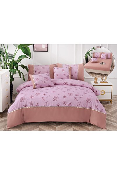 Truva Home 6-Piece Double Bed Linen Set with Elastic - 180x200 cm, Fine Cotton