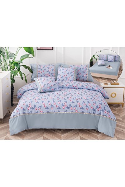 Truva Home 6-Piece Double Bed Linen Set with Elastic - 180x200 cm, Fine Cotton