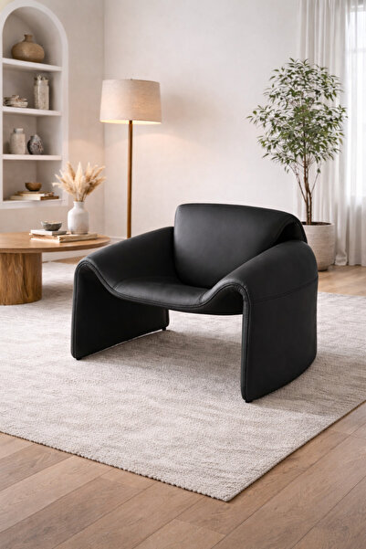 N.zone Black Leather recliner chair - Curved lounge chair for living room (82...