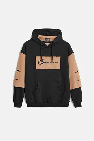 Shooter Sportswear Black - Beige Men's Oversize Hooded Printed Sweatshirt wit...