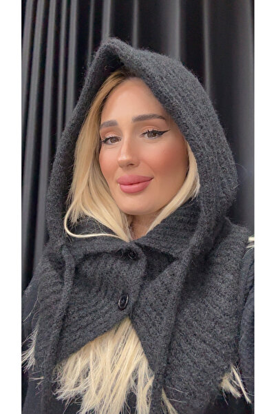 moimaaksesuar Kadın Balaclava Kapüşonlu Siyah Düğmeli Triko Atkı Şal – Yumuşa...