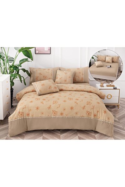 Truva Home 6-Piece Double Bed Linen Set with Elastic - 180x200 cm, Fine Cotton