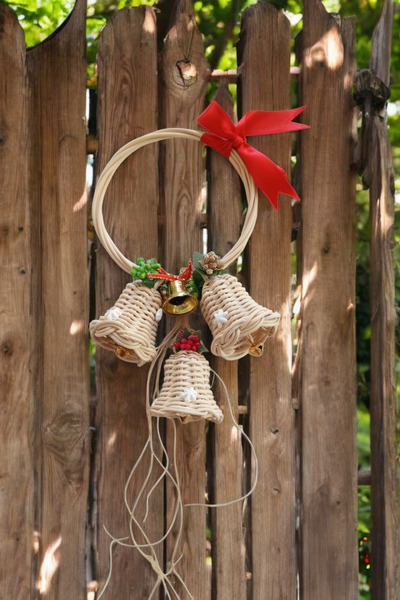 MaviMarinUrla El Yapımı Bambu Rattan Kapı Çelengi Üçlü Çan Detaylı Hasır Kapı...