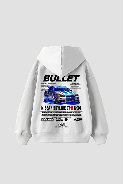 Sekizbiraltı Bullet Printed Oversize Unisex White Hoodie