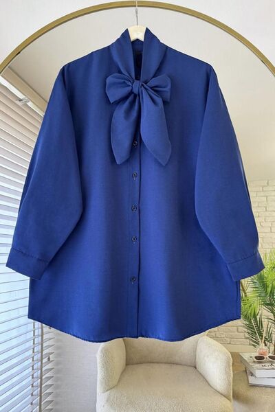 HİFADEN Women's Oversized Hijab Shirt with Lace-Up Collar and Bow