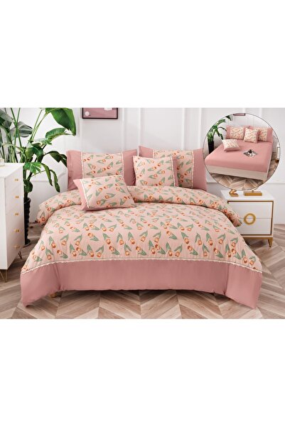 Truva Home 6-Piece Double Bed Linen Set with Elastic - 180x200 cm, Fine Cotton