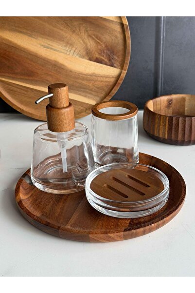 ROSSEV Glass Bathroom Set with Natural Wooden Tray, 4 Pieces