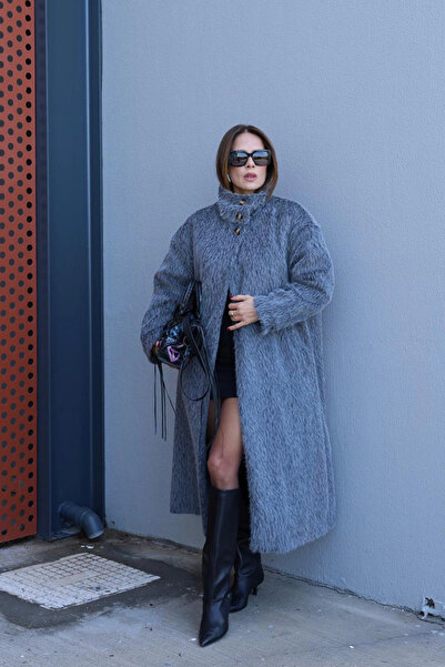 Purple by Banu Gray Stand Collar Belted Coat