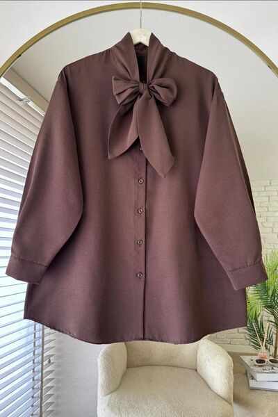 HİFADEN Women's Oversized Hijab Shirt with Lace-Up Collar and Bow