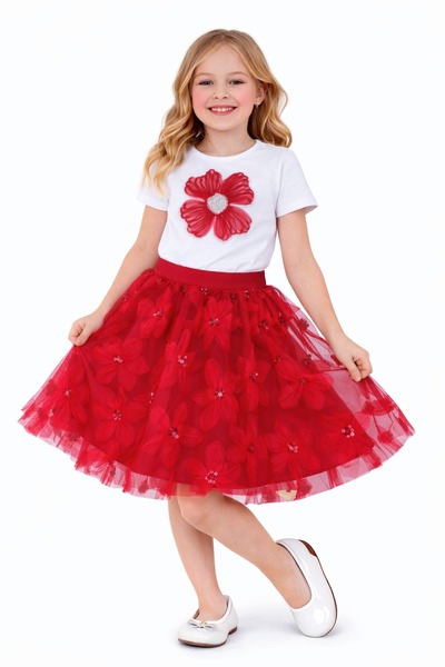 Nacar 23 Nisan 29 Ekim Gösteri Kıyafeti Kız Çocuk Kırmızı Çiçek Detaylı Tül E...