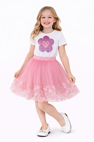 Nacar 23 Nisan 29 Ekim Gösteri Kıyafeti Kız Çocuk Pembe Payet Çiçek Detaylı T...