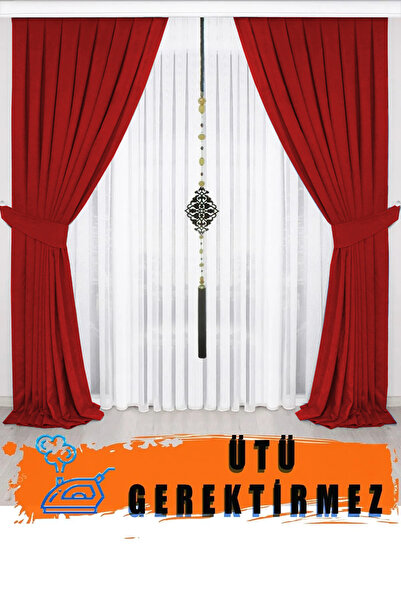 İ.D İpek Dokuma Червона плісирована завіса з оксамитовим виглядом і стільнико...