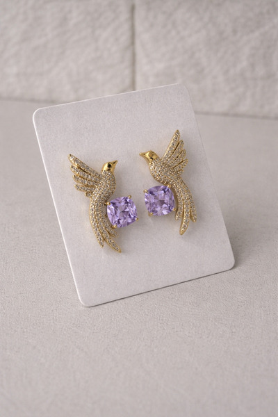 Owentis Çelik Gold Full Işıltılı Lila Kare Taş Anka Küpe -kararma yapmaz-