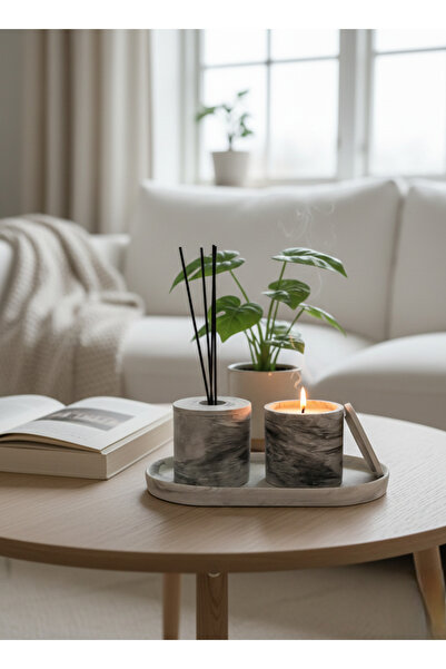 ALPİ HOME Gri Mermer Desenli Kokuluk Şişesi ve Mumluk