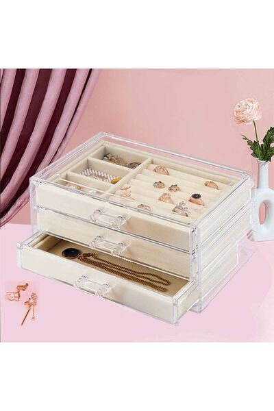 Arabest Acrylic Jewelry Box 3 Drawers Velvet Jewelry Box Earrings Necklace Br...