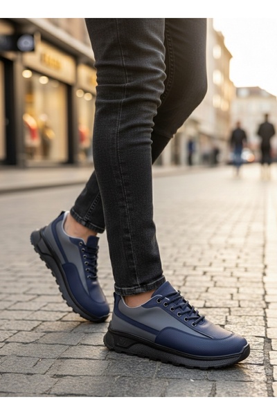 BOA Ba0246 Navy Blue Gray Parted Lace-Up High Sole Casual Men's Shoes