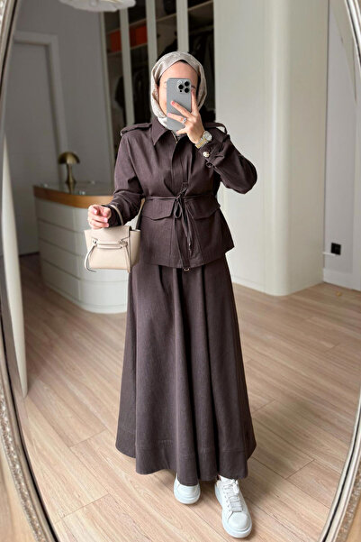 Ka Hijab Denim Suit with Epaulettes and Double Pocket Skirt - Brown