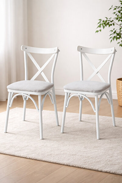 Atolye Casa Ekol Serisi 2 Adet Beyaz Keten Kumaş Mutfak Sandalyesi Beyaz Meta...