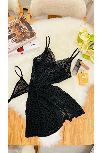 ohminishe Leopar Desenli Askılı Siyah Gecelik