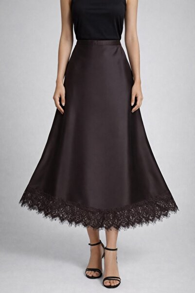 Moda Palmiss Women's Bitter Coffee Lace Detailed A-Line Midi Length Satin Ski...