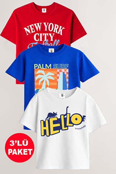 twins tailors Palm Surf Printed 3-Pack Unisex Red-Sax Blue-White Children's T...