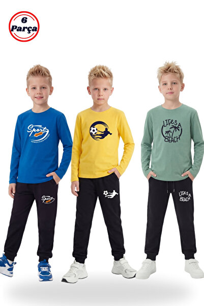 FYK KİDS Set de 3 hanorace cu gât rotund, cu imprimeu detaliat, 6 piese, pent...