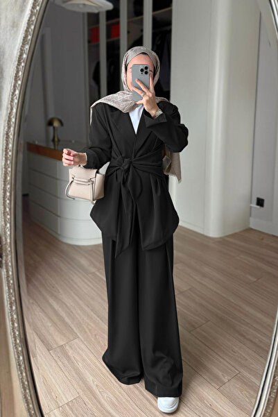 Ka Hijab Side Tie Jacket Set - Black