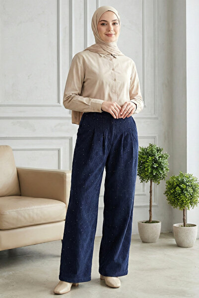 Kirazgym Women's Velvet Trousers with Pockets and Wide Legs with Sequin Detai...