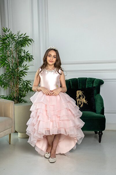 Generic Pink girls' dress for special occasions with ruffled layers and a lux...