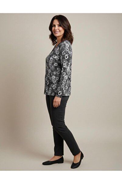 THEBEK Yumoş Velvet Suede Patterned Blouse Black Ground Pattern / Black and W...