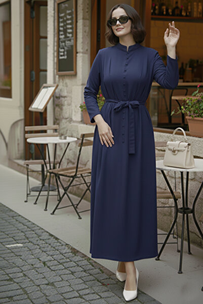 benguen Buttoned Hijab Dress N7204 Navy Blue