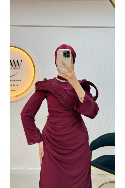 waw tesettür Şifon Drapeli Taşlı Tesettür Abiye