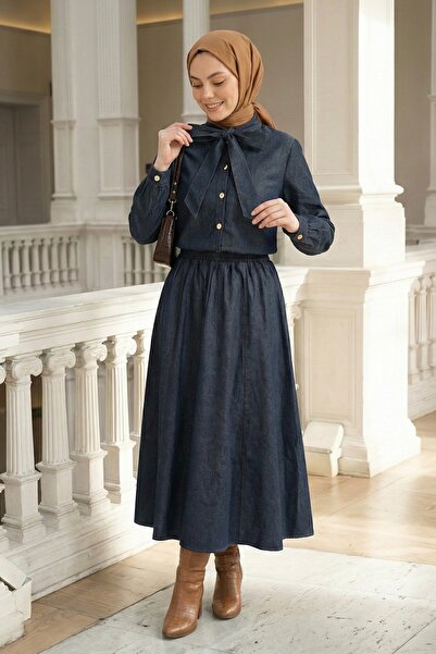 InStyle Bow Detail Blue Denim Skirt Suit