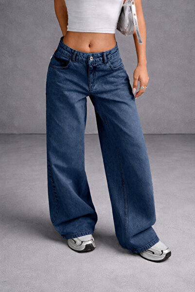 Polo State Women's Navy Blue Wide Leg Loose Leg Low Waist Denim Jean Trousers