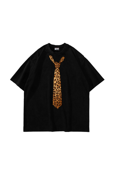 Sekizbiraltı Tie Leopard Printed Oversize Unisex Black Tshirt