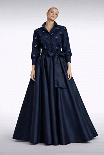 MERT ERKAN Maxi Taffeta Couture Shirt Dress with Hedgehog Beading Embellishments