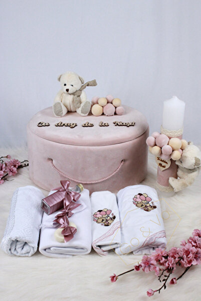 GoVo Kids Set complet trusou botez Premium cu lumanare, Ursulet, Catifea – Tr...