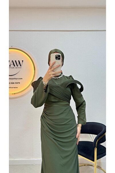 waw tesettür Şifon Drapeli Taşlı Tesettür Abiye