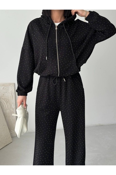 MODA CESE Modal Ohyso Stoned Metal Zipper Hooded Waist-Cinched Bottom-Top Set