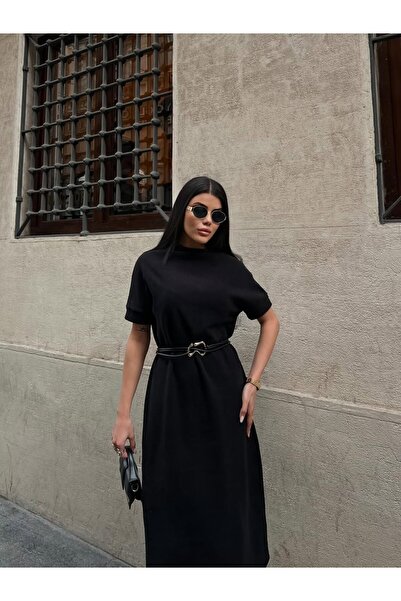 cemo Kemerli Kısa Kollu Dik Yaka Midi Boy Elbise