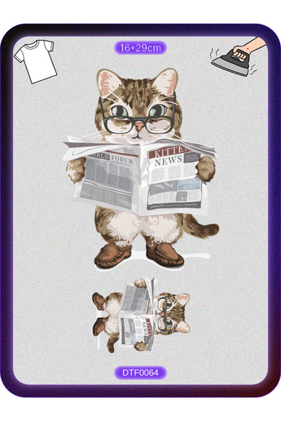 DYENOTE Gazete Okuyan Kedi Kumaş Aplike Yama Ütü Ile Yapışan Transfer Baskı K...