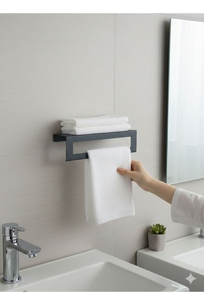 Dersel Dekor Modern Organizer Anthracite Wall Mounted Shelf Towel Holder Metal Bathroom Shelf Towel Holder Kitchen Metal