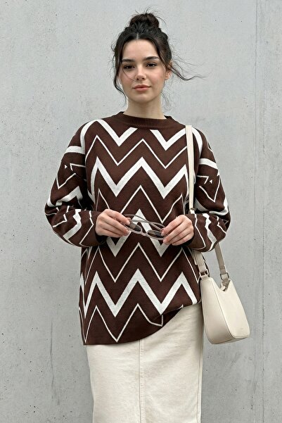 InStyle Zigzag Patterned Bitter Brown Knitwear Sweater