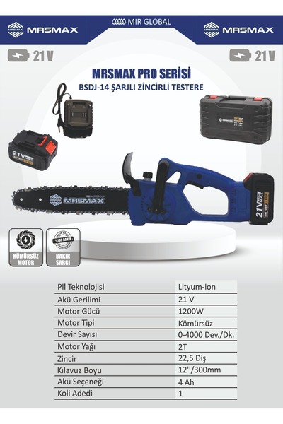 mrs-max 21V Çift Akülü Kömürsüz Bakır Sargılı Motor Çantalı Budama Testeresi ...