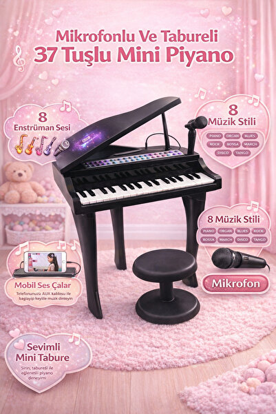 YILDIRIM OYUNCAK Mikrofonlu Tabureli MP3 Çalarlı 37 Tuşlu Mini Piyano | LED E...