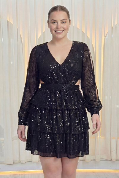 the ZKS Kadın Pul Payet Sırt Dekolteli Mini After Abiye Elbise Bej, Gümüş, Siyah