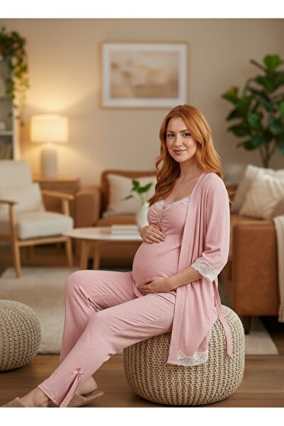 Lohusa Homewear New Season Pink Ribbed Thin Strap Design Maternity Dressing G...