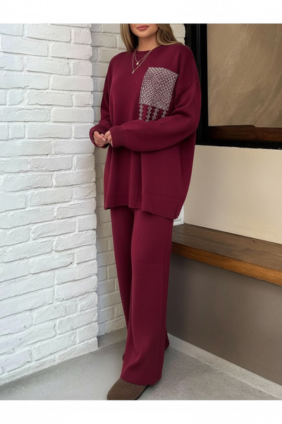 NEWCO Side Slit Hand Embroidered Tunic and Trousers Two-Piece Set